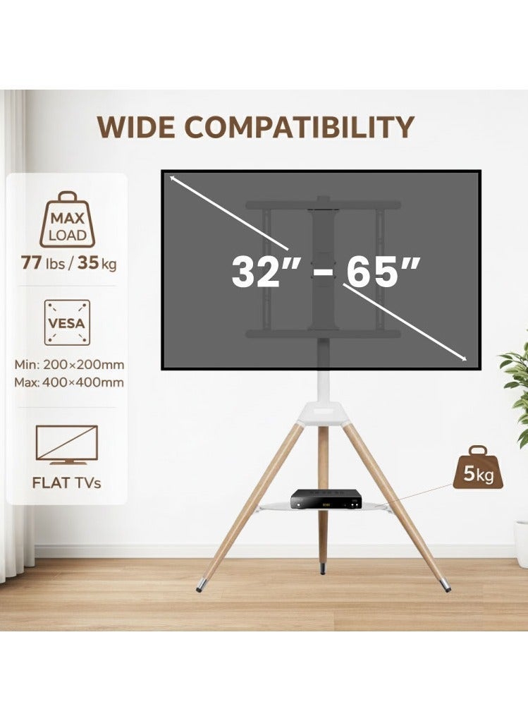 BEETEC Tripod TV Floor Stand with Wooden Legs for 32–65 Inch Flat Screen TVs, Height Adjustable TV Stand with Swivel & Tilt, VESA 400x400mm, Max Load 35 kg, AV Shelf 5 kg Capacity, White | TF-FS65W - Image 2